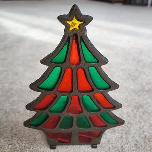 Vintage Iron Stained Glass Votive Candle Holder Christmas Tree